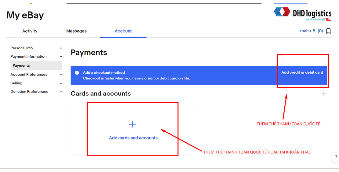 Thêm tài khoản thanh toán vào Ebay