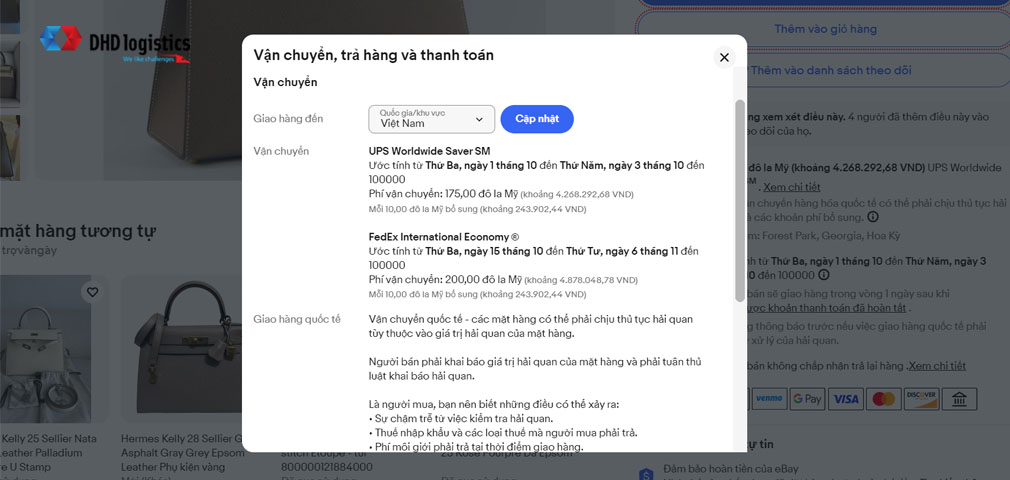 Xem chi phí vận chuyển hàng eBay về Việt Nam