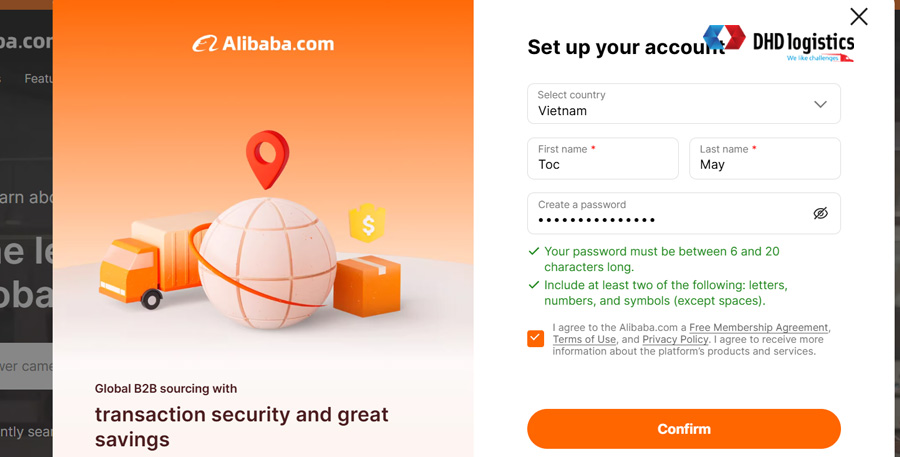 Điền thông tin đăng ký tài khoản Alibaba