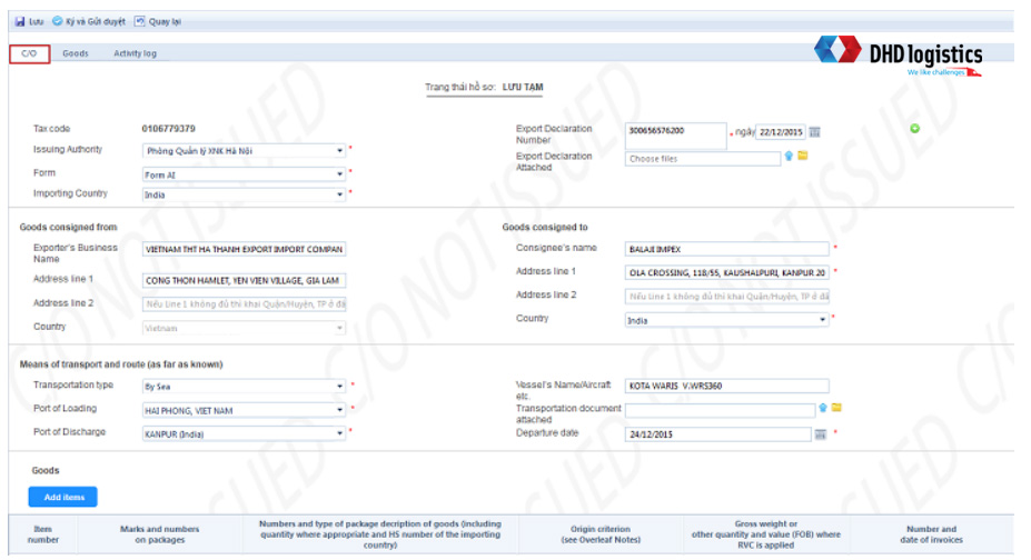 Chọn mục khai báo C/O