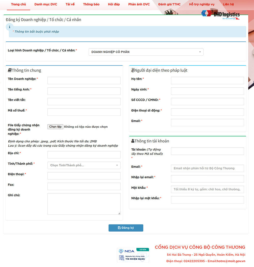 Nhập thông tin đăng ký cần thiết cho doanh nghiệp