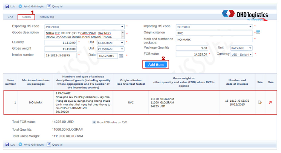 Điền thông tin về hàng hóa