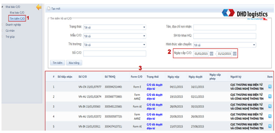 Giao diện tìm kiếm hồ sơ CO
