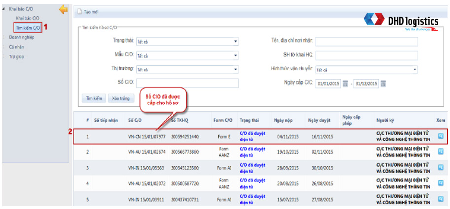 Kiểm tra số C/O được cấp trên hệ thống