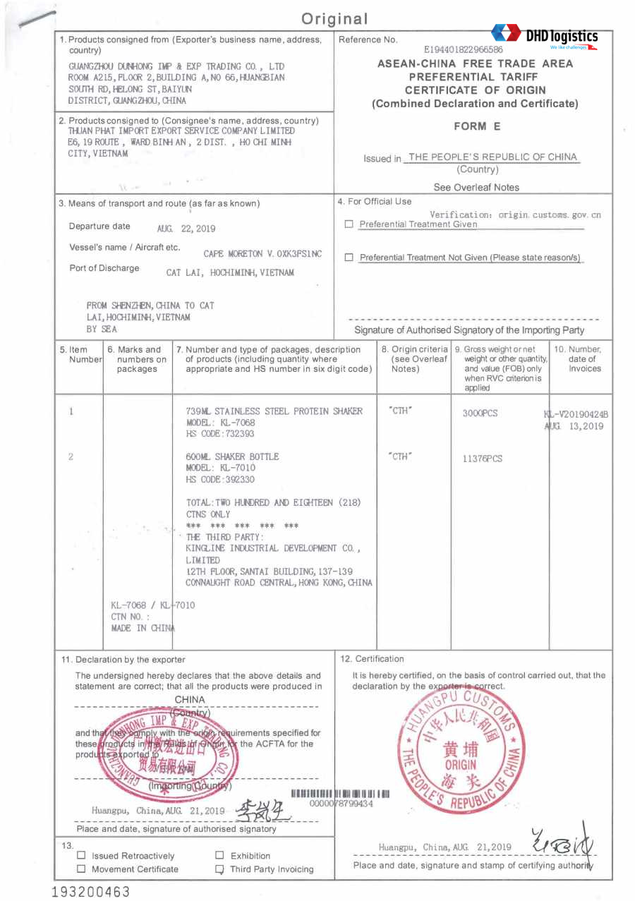 Những nội dung trên giấy chứng nhận xuất xứ hàng hóa mẫu E