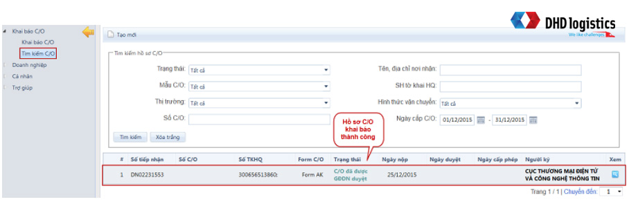 Trạng thái khai báo hồ sơ thành công